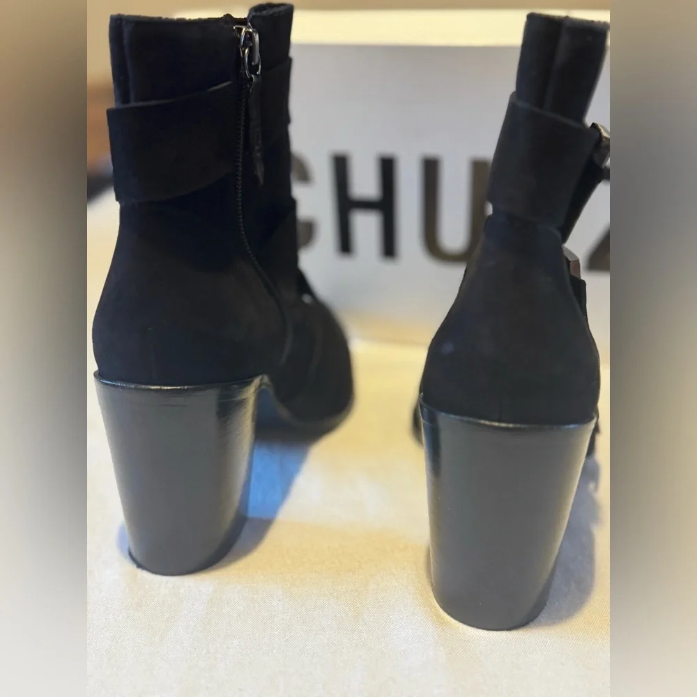 SCHUTZ w 8.5 Black Suede Ankle Boots with Buckles, Block‎ Heel, Pointed Toe - Picture 5 of 13